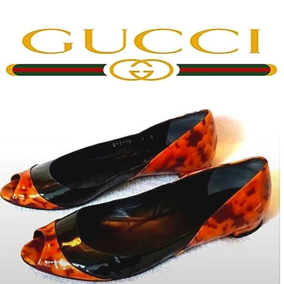 GUCCI Patent Leather Open Toe Flats 6B BLACK Orange Brown Leopard Animal Print - Picture 2 of 15